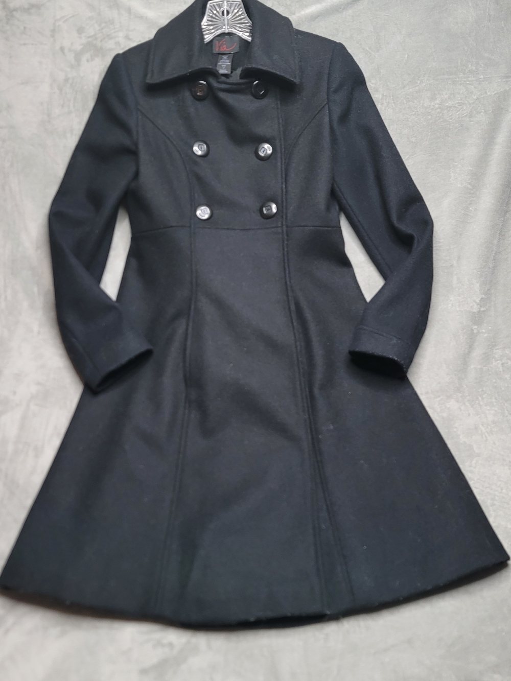 Classic Black Double-Breasted Long Sleeve Wool Fit-&-Flare Swing Coat Size 4